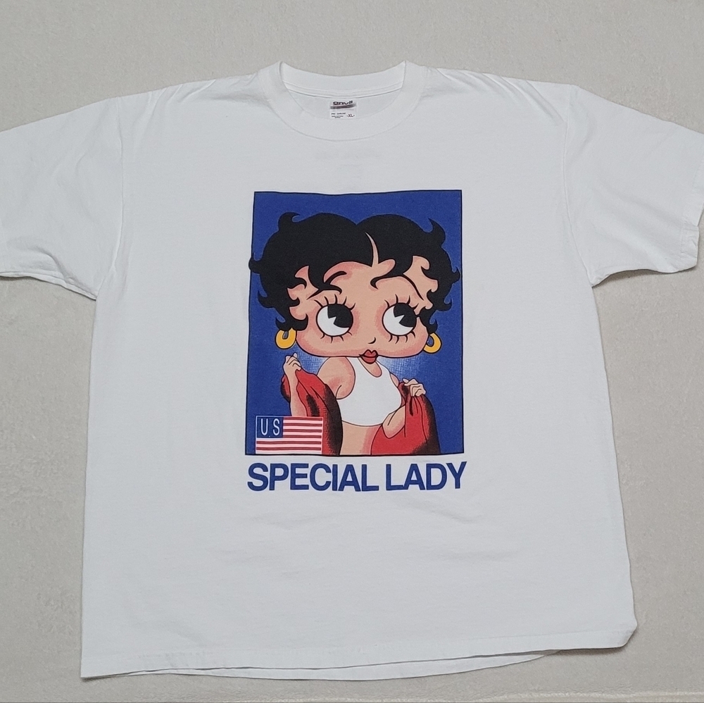 Rare Vintage 90s Betty Boop Special Lady USA Flag White Short Sleeve Tee XL